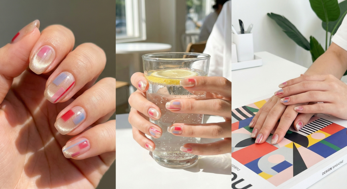 透光幾何貓眼指甲以裸金底和彩色幾何線條打造晶透俏皮感,文青百搭。