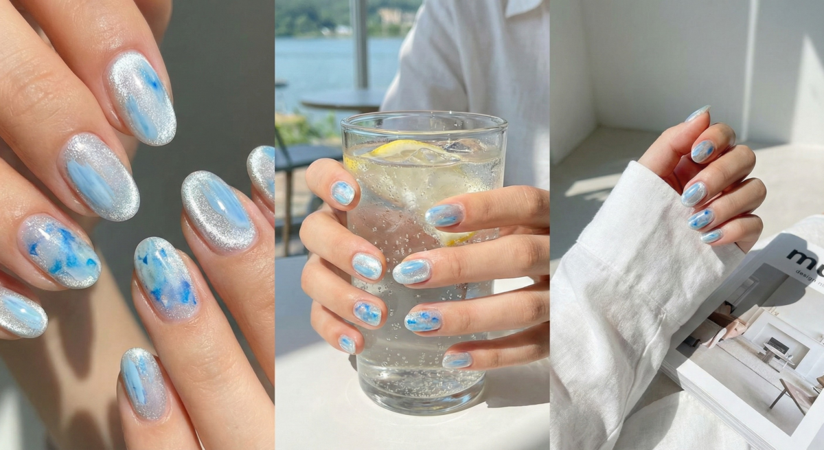 水藍刷染貓眼指甲以銀白底與寶寶藍刷染打造清透光澤,小清新仙氣十足。