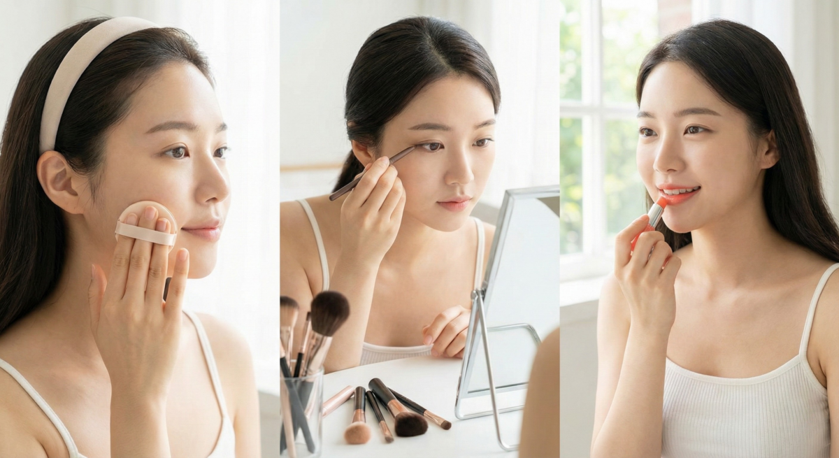 偽素顏淡妝依序從妝前打底、局部薄擦粉底、自然眉彩、低彩度眼影與眼線、輕刷睫毛膏、腮紅到裸色唇彩,打造清透自然、宛如天生好氣色的妝容。