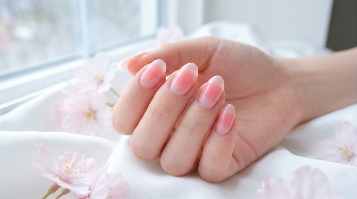 圖中展示的是粉色系曬紅美甲款式,它的精髓在於利用暈染手法,在甲面中央打造出如同雙頰輕掃腮紅般的漸層效果。