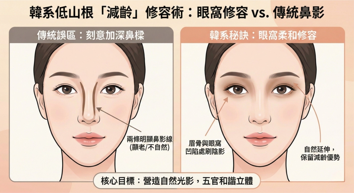 這是一張比較「韓系低山根減齡修容術」與「傳統鼻影」的妝容對比圖,核心目標在於營造自然光影。左圖展示了「傳統誤區」,即刻意在鼻樑兩側畫出兩條明顯的垂直鼻影線,這被指出會讓人顯老且不自然;右圖則呈現「韓系秘訣」,重點在於眼窩的柔和修容,建議將陰影刷在眉骨與眼窩凹陷處並自然延伸,這樣不僅能保留減齡優勢,還能讓五官看起來更加和諧立體。