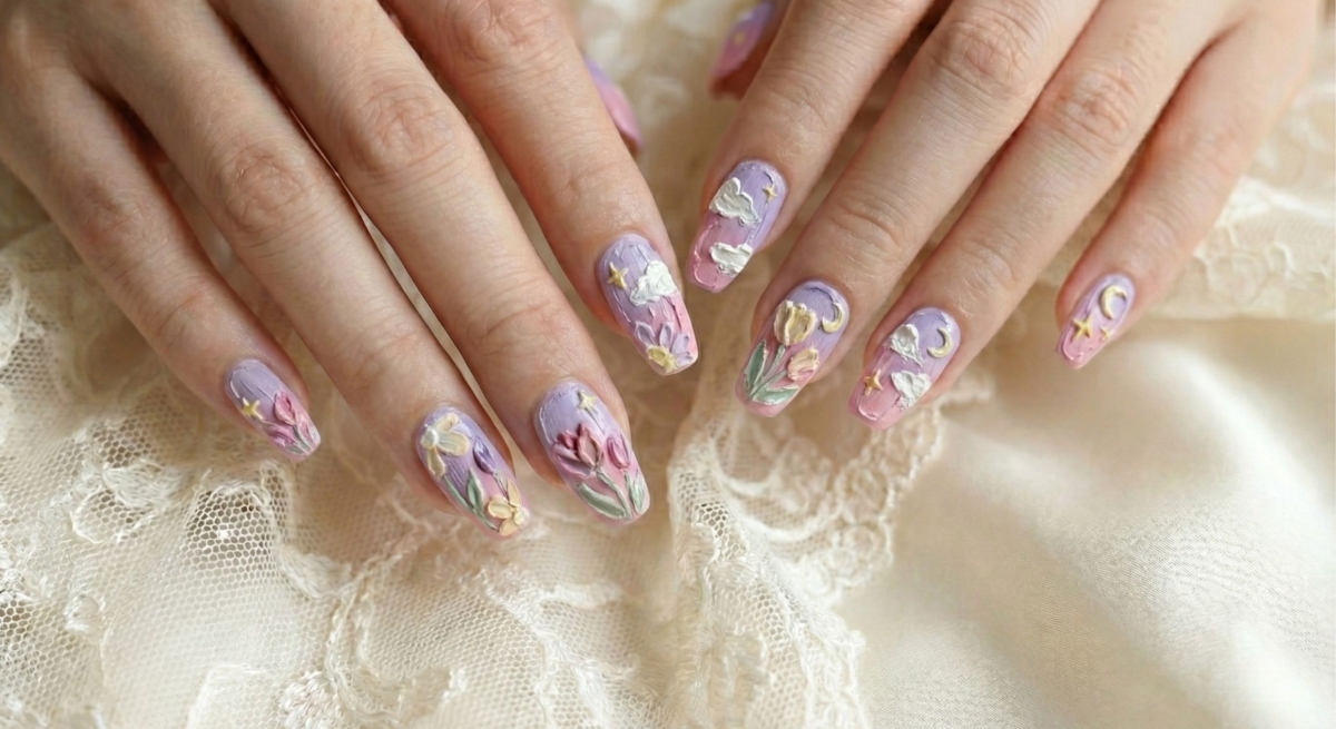 把油畫元素帶進美甲!油畫系美甲利用凝膠的堆疊與暈染技巧,模擬出油畫顏料的厚實筆觸與豐富色彩。