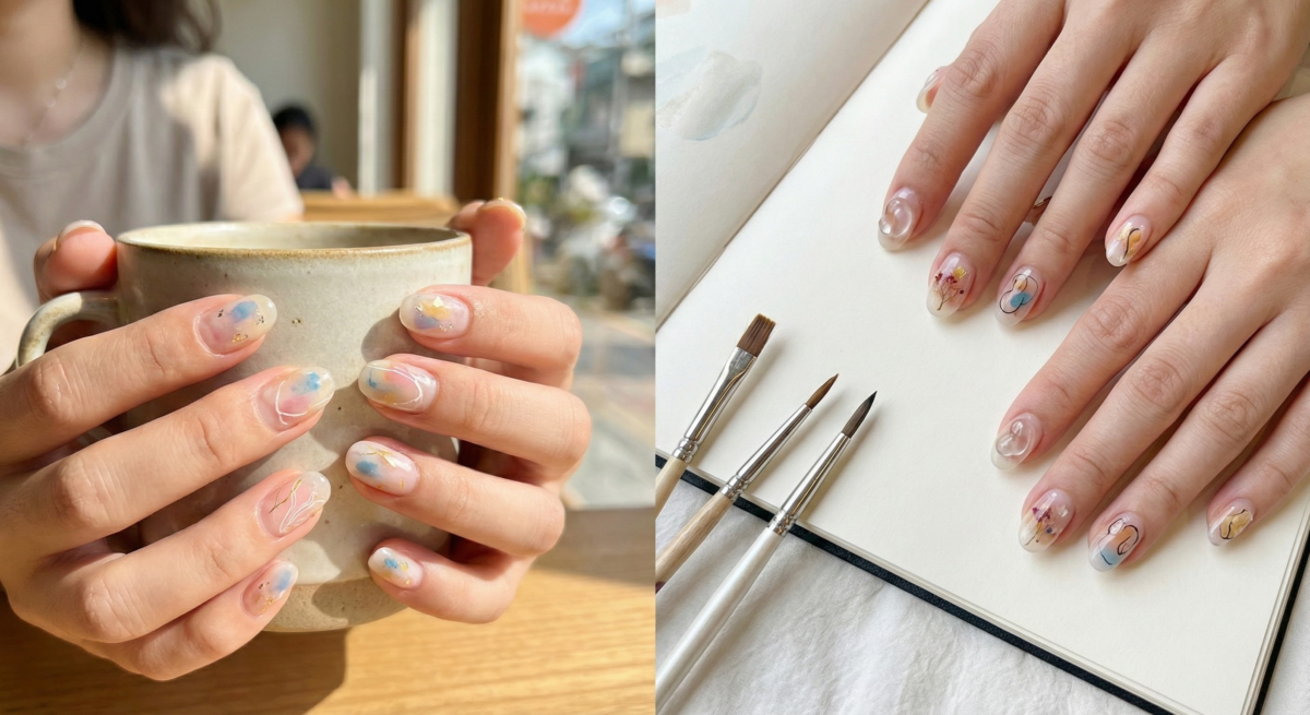「混搭藝術透明」美甲款式結合不規則暈染和多材質拼接，每指充滿巧思，打造出時尚又有創意的高訂質感。