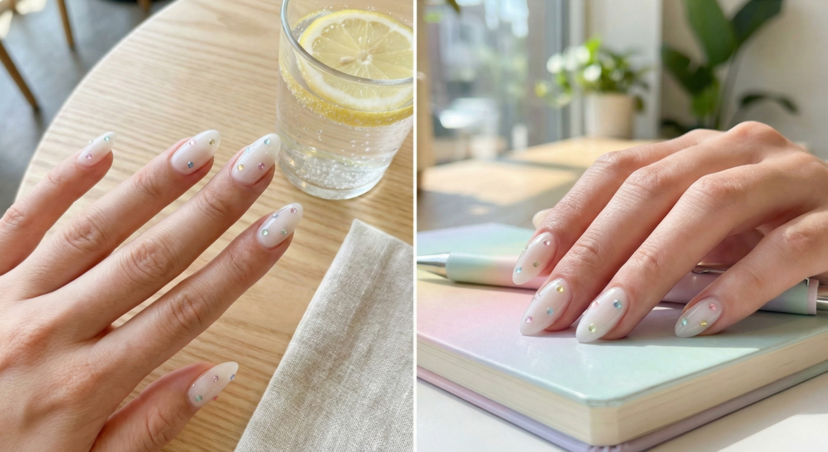 「冰透感彩鑽」以低飽和乳白營造水嫩果凍感，點綴細緻彩鑽閃爍清新光芒，甜美知性且視覺消暑，是夏日百搭首選。