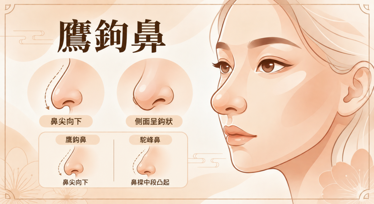 鷹鉤鼻特徵是鼻尖向下、側面呈鉤狀輪廓,與鼻樑中段凸起的駝峰鼻有所不同。