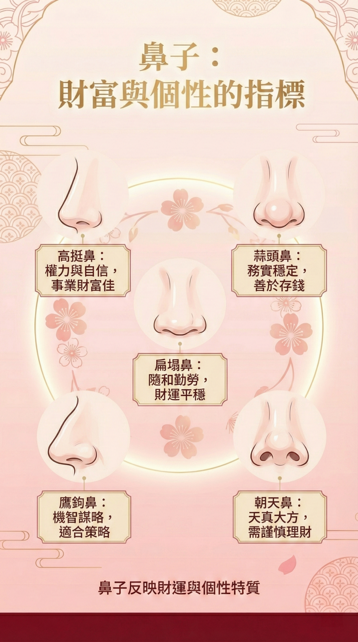 鼻子在面相學中象徵財運與個性：鼻梁挺直圓潤代表財運穩定與決斷力，不同鼻型也映射性格與理財能力。