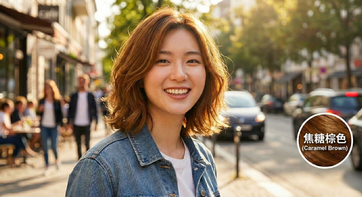 焦糖色將暖金與蜂蜜色揉合在棕色基底中，色澤明亮且具備強烈的「華麗感」。