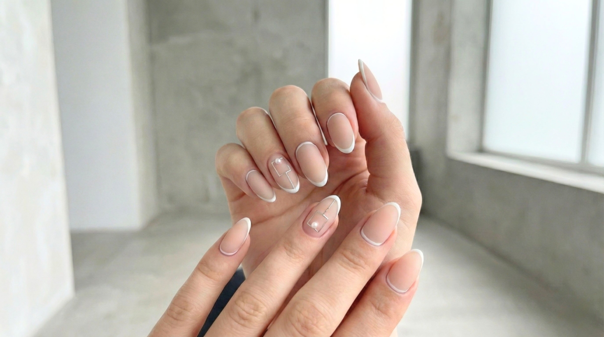 圖中為法式圖框美甲款式,源於歐美ig上的圖形眼線風潮,這種將指甲邊緣完全框住的設計極度時髦且充滿個性。