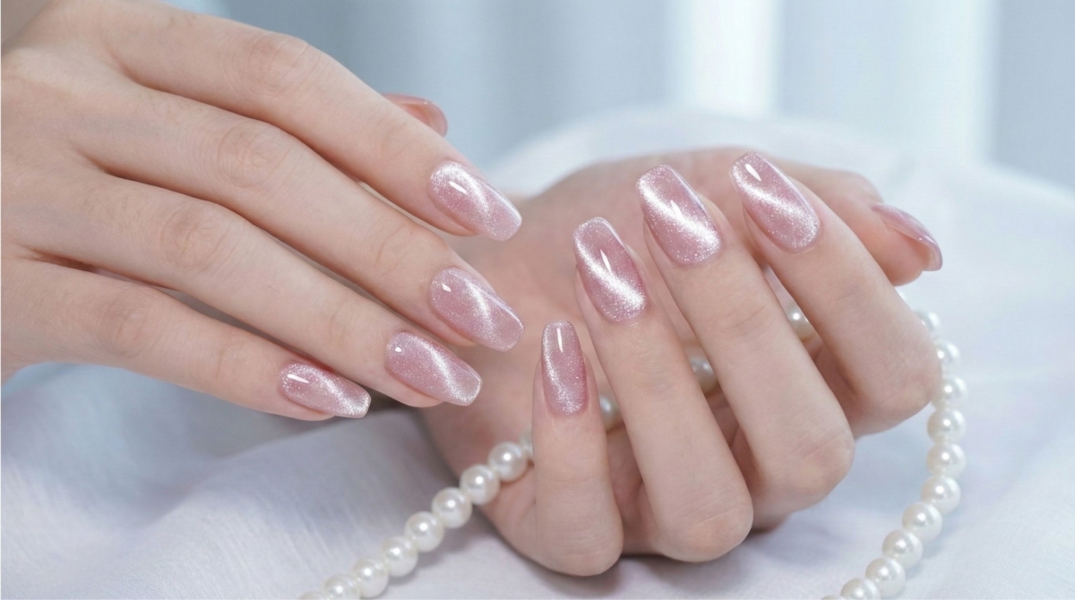 圖中展示的是貓眼美甲款式，透過磁鐵吸出的光帶，如同貓咪瞳孔般靈動多變。