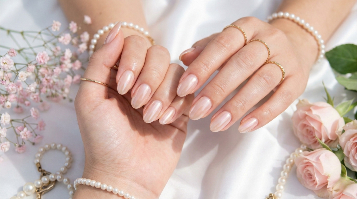 圖中展示的是海莉美甲款式,以極簡的裸色為基底,疊加一層細膩的魔鏡粉或珍珠光澤,創造出乾淨又耐看的高級質感。