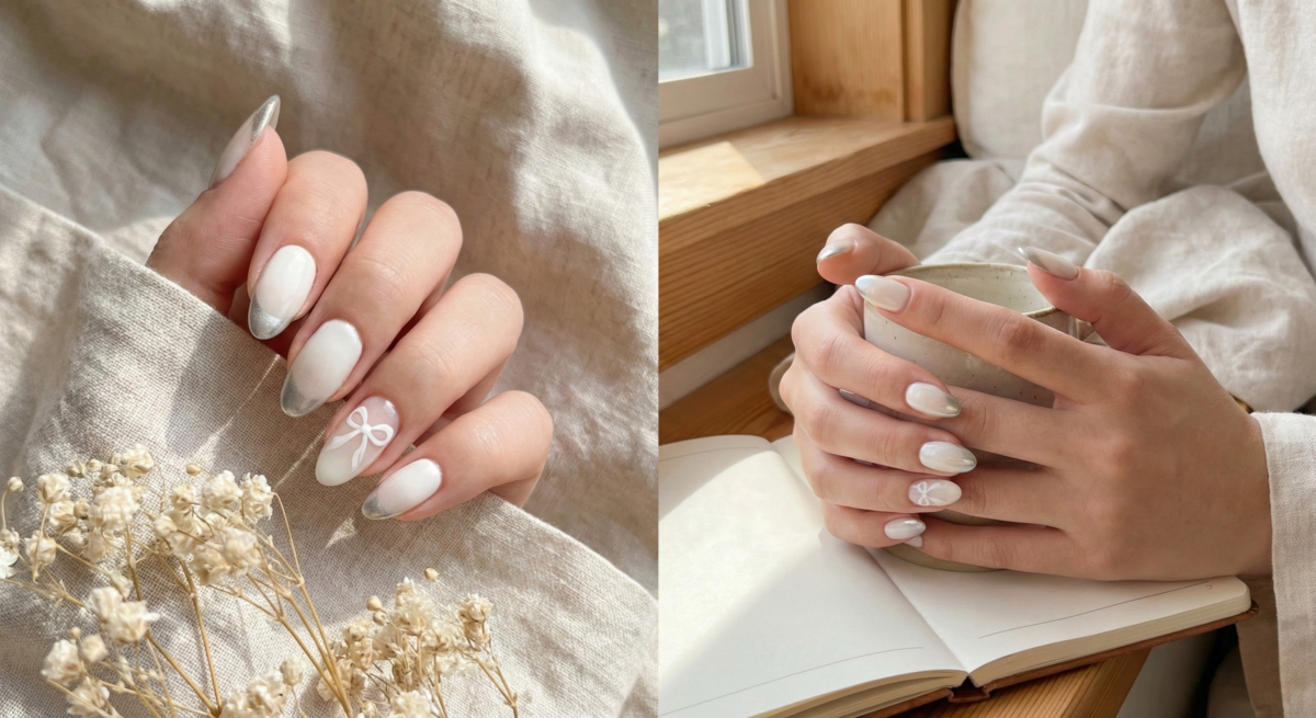 「漸層蝴蝶結」混搭象牙白與科技感鏡面銀，點綴精緻手繪元素，完美平衡甜美與個性，是顯白且充滿潮流細節的Y2K甜辣首選。