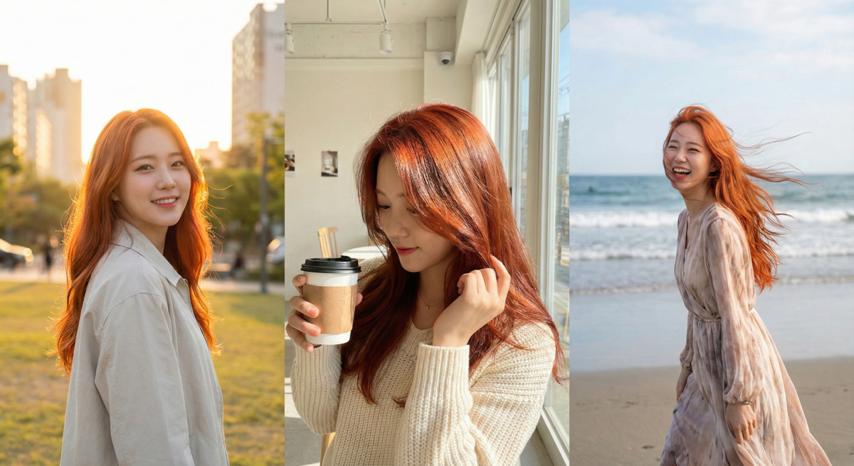 夕陽紅色以紅橘暖調中和黃膚暗沉，提亮氣色又顯白，在光線下展現溫潤層次感，是日常與活力造型都好駕馭的暖色髮色。