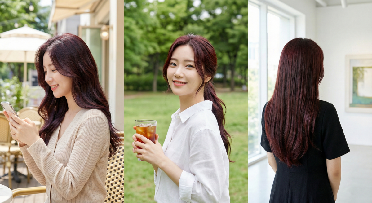 深櫻可樂紅棕融合深棕、醇紅與微紫調，低調有層次，顯白又耐看，是追求靜奢風與高級感女生的紅色系熱門髮色。