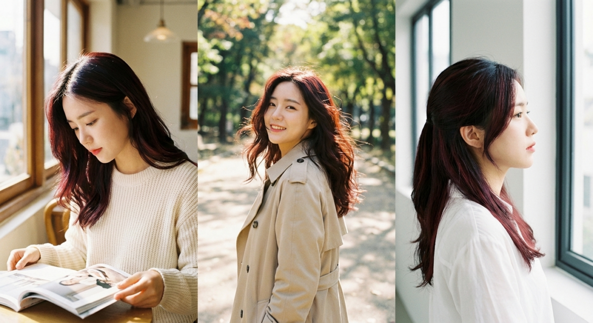 櫻桃酒紅挑染局部提亮黑髮，深紅色調溫柔顯氣色，遮白髮同時增添低調優雅的知性氣質。