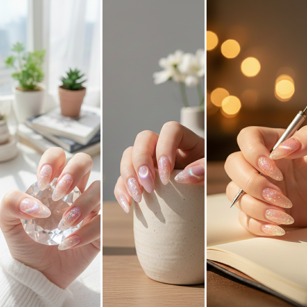 晶石貓眼Gel甲以流動星光般的磁石光澤打造透亮顯白效果，低調奢華又能加金箔或貝殼片增添層次，日常與派對都適合。