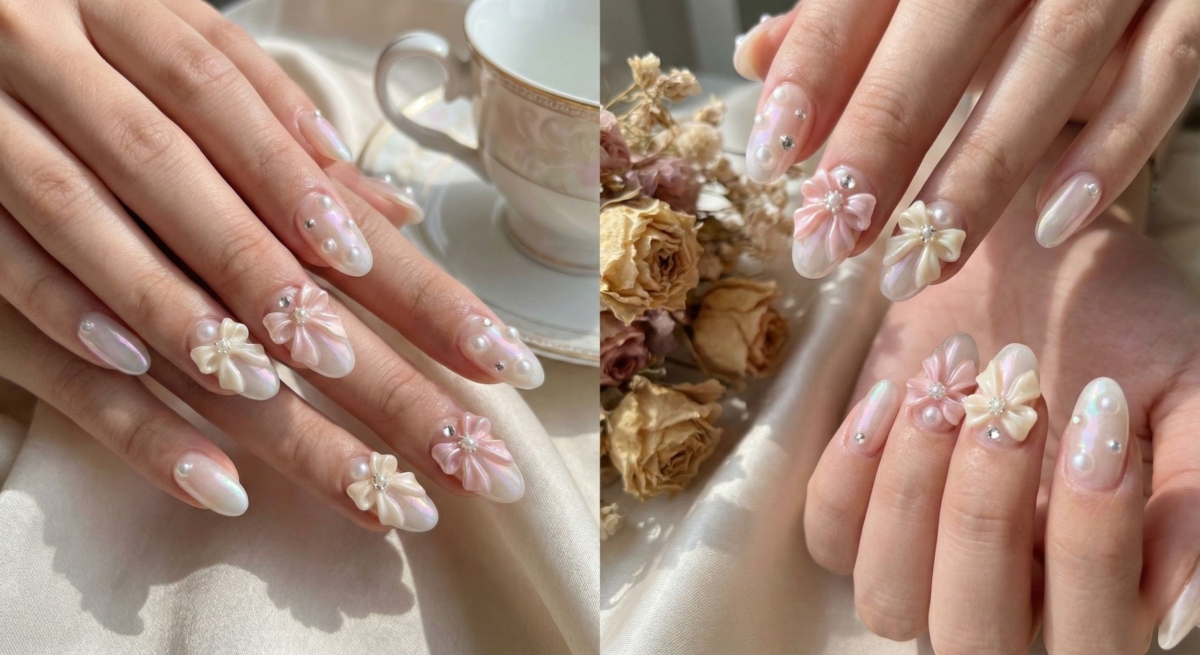 這款設計是讓單調裸色瞬間升級的祕密武器。透過在乾淨的甲面上堆疊立體元素，不僅豐富了視覺層次，更讓指尖展現出如禮物包裝般的精緻感。