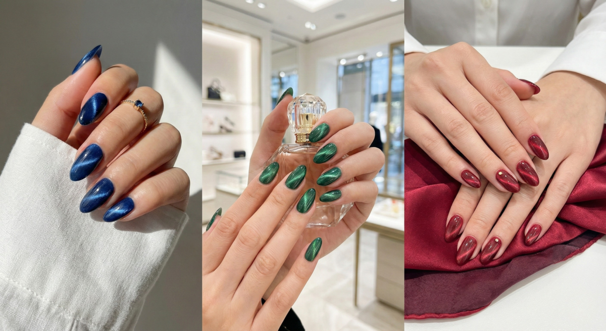絢麗珠寶調貓眼指甲以深色磁粉打造立體光影,奢華閃耀,派對與日常皆適合。