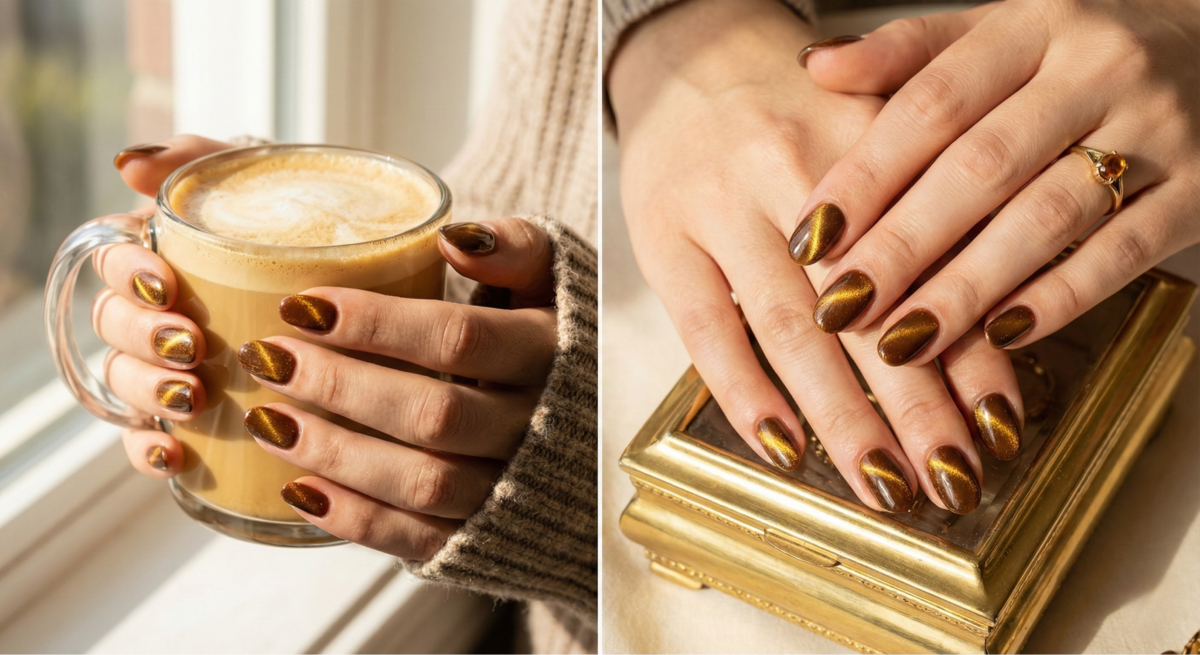 焦糖棕貓眼透過磁粉打造隨光影流動的金色極光，為沉穩大地色增添如絲綢般神秘璀璨且細緻奢華的靈動層次。