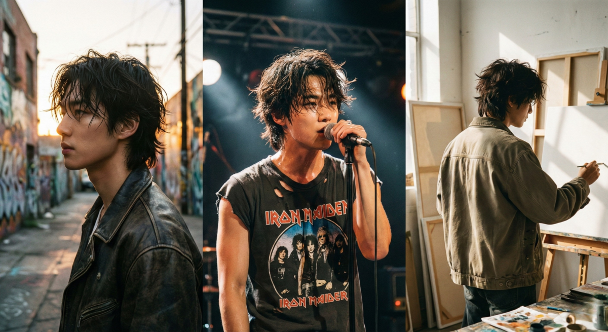 凌亂動感狼尾以前短後長與不對稱線條打造搖滾街頭感，適合想展現個性與態度的男生。