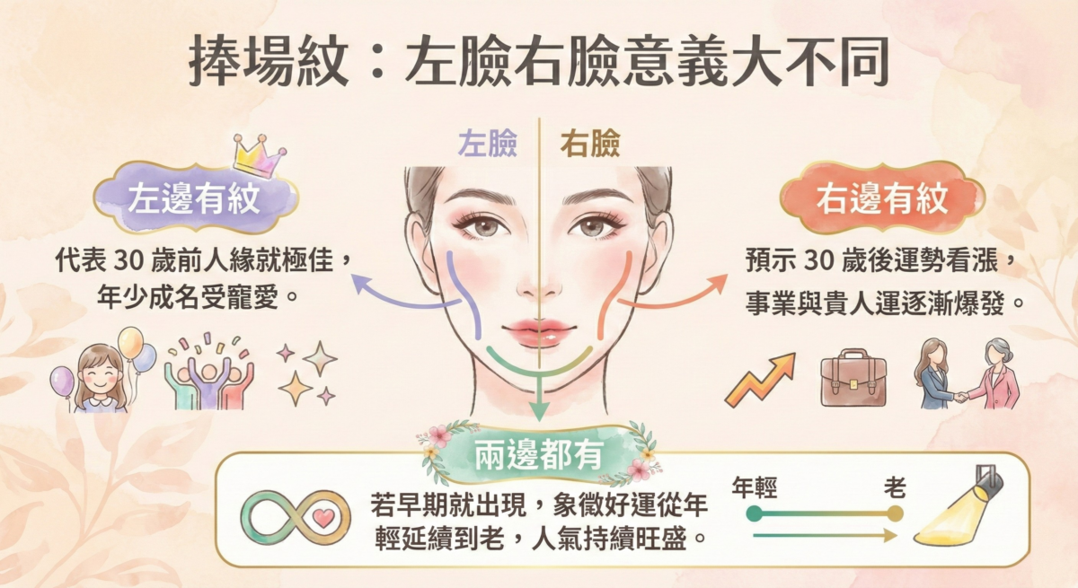 「捧場紋位置與人生運勢解析圖」顯示:左臉紋(30歲前)代表年輕人緣佳,右臉紋(30歲後)象徵事業與貴人運上升,兩邊都有則表示好運延續,圖中附臉部線條示意強調位置。