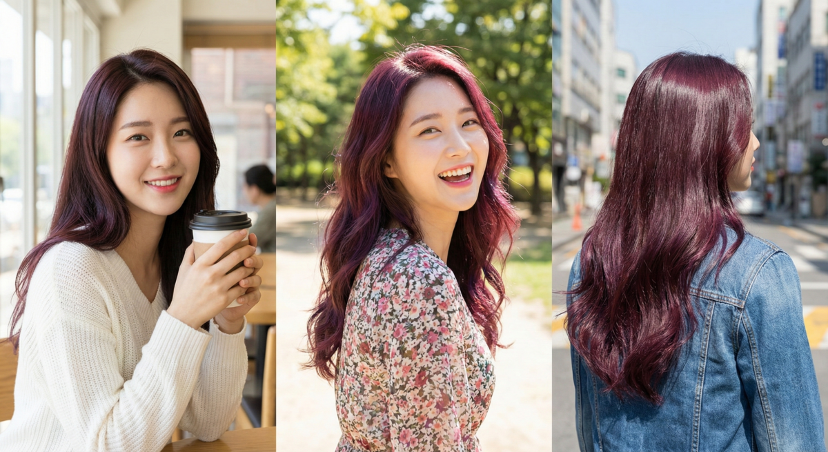 紫紅果棕色以棕色為基底，加入淡紫與莓果調，層次豐富、顯白提氣色，打造低調溫柔又有質感的氣質髮色。