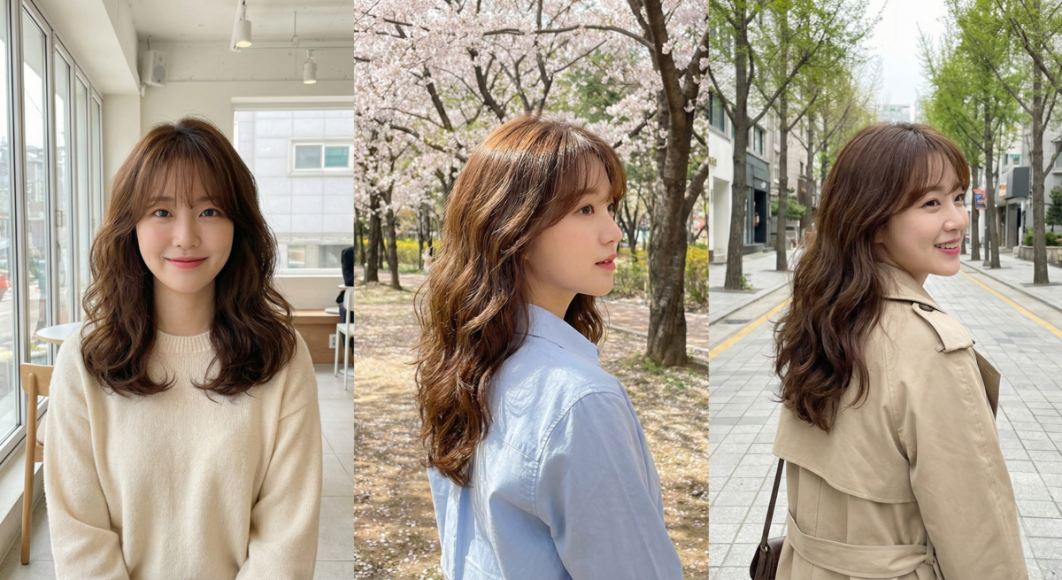 中長髮氣墊燙搭配薄透法式瀏海，增加髮量感與立體度，輕鬆修飾臉型又減齡。