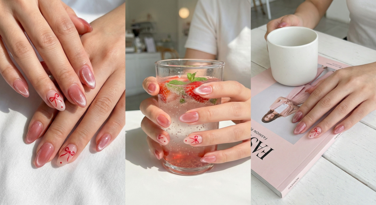 晶透紅粉貓眼指甲搭配蝴蝶結與波點,柔和俏皮,少女感十足。