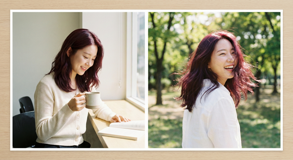 莓果紅免漂顯白髮色，融合紫調紅色，提亮膚色、顯白紅潤，層次分明且保護髮質，褪色自然不乾枯。