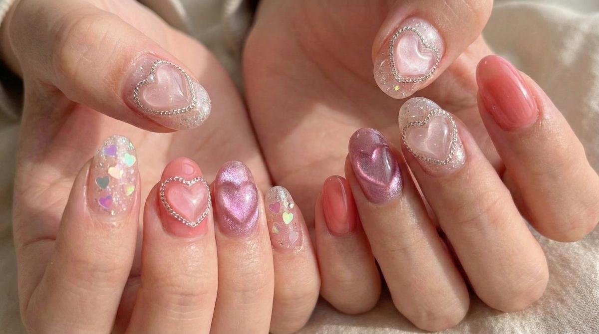 這款美甲兼具少女感與趣味性，能為整體造型增添柔和溫暖的氛圍。