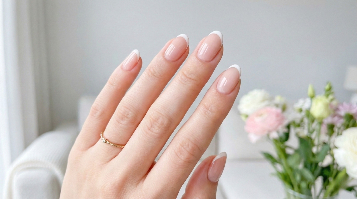 圖中展示的是經典法式美甲款式,它不僅能修飾甲床,讓手指看起來更修長健康,更是多人要求的百搭款。