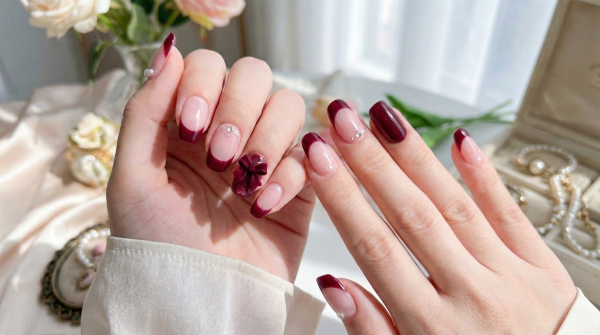 圖中展示的是酒紅色法式美甲款式,「酒紅法式」成為亞洲女孩的顯白指標,它保留了酒紅色的成熟韻味,又透過法式留白增添了輕盈感,完全不顯老氣