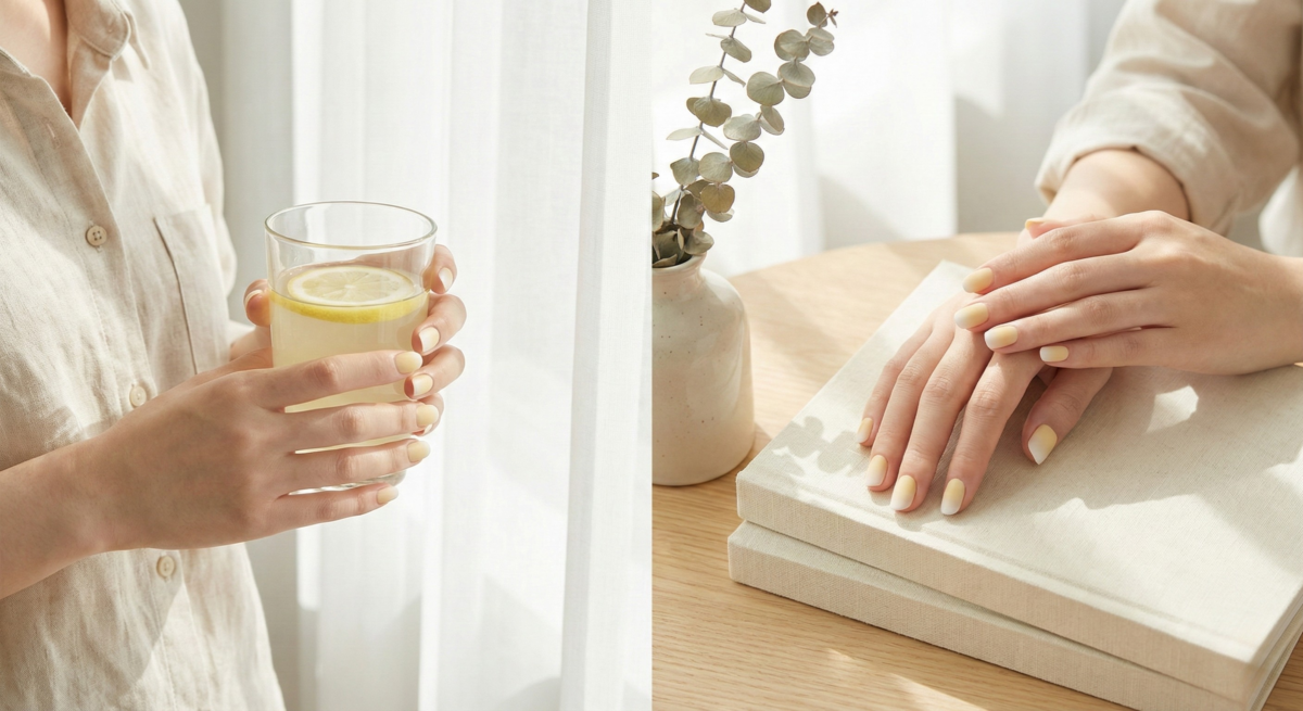 奶油黃霧白漸層法式指甲以柔和色調營造清新溫暖感,自然顯白並修飾手型,是百搭耐看且充滿新意的氣質之選。