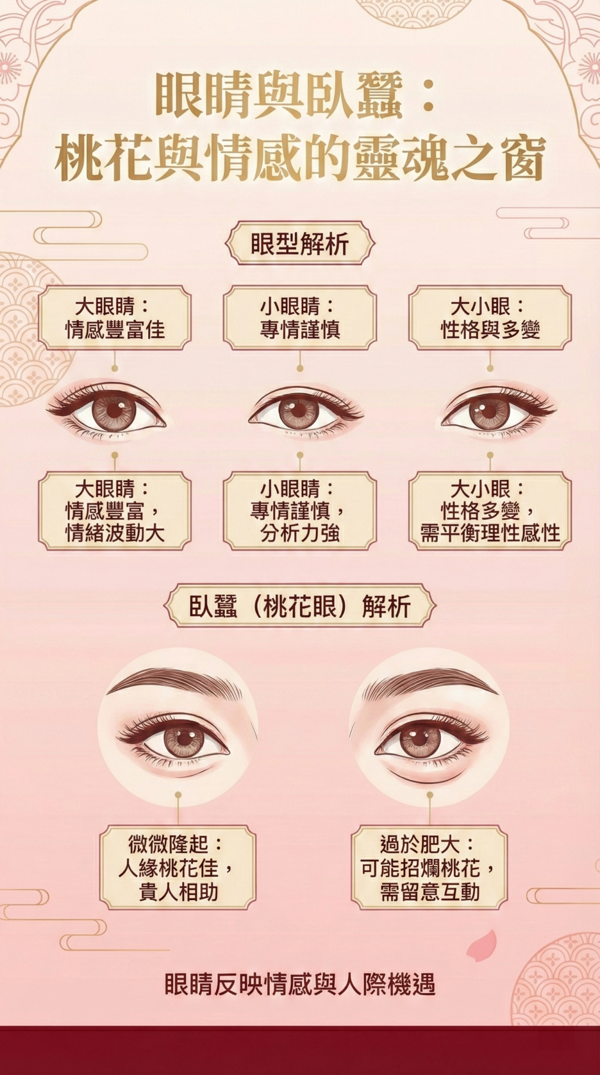 眼睛與臥蠶能反映情感、桃花運與人際關係：大眼熱情親和、小眼專注謹慎、大小眼性格多變；明亮有神加臥蠶則人緣佳、桃花運旺，事業與感情易得貴人相助。