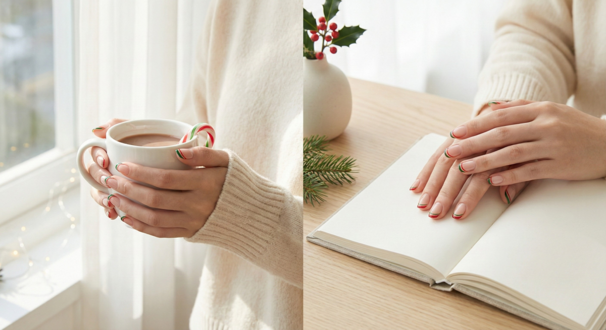 聖誕風紅綠雙色法式指甲以紅綠甲邊結合節日元素與簡約線條,展現精緻趣味的應景氛圍,是吸睛且充滿活力的亮眼之選。