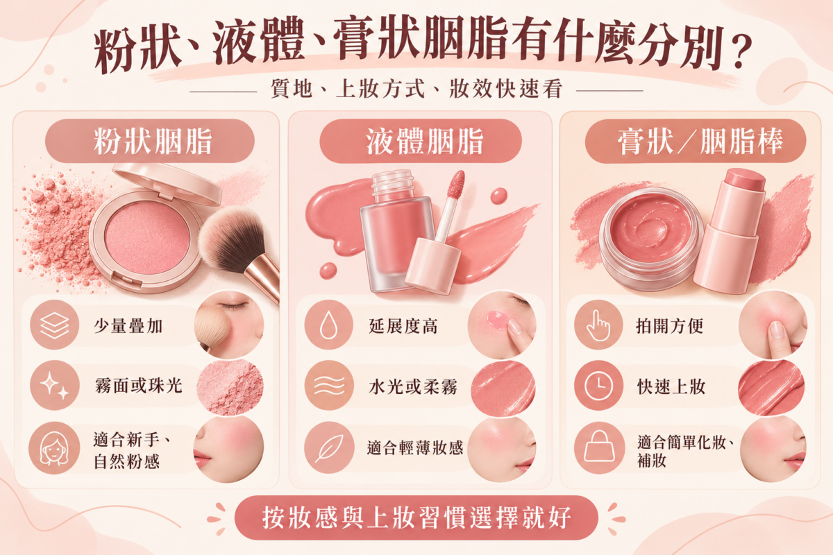 粉狀、液體及膏狀胭脂比較圖，整理3種胭脂的質地、妝效、上妝特色及適合人士。