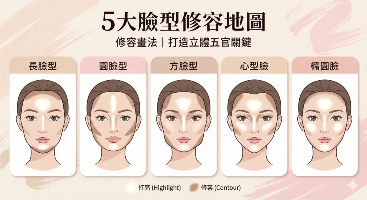 一張針對 5 種不同臉型(長臉、圓臉、方臉、心型臉、橢圓臉)設計的修容地圖,詳細標示了各自適合的打亮(Highlight)與修容(Contour)區域,幫助讀者根據臉型打造立體五官。