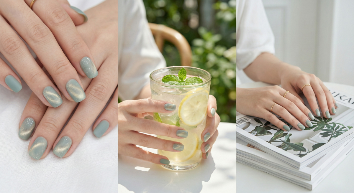 薄荷綠貓眼指甲以霧面柔光與亮片點綴,清爽顯白,療癒低調。
