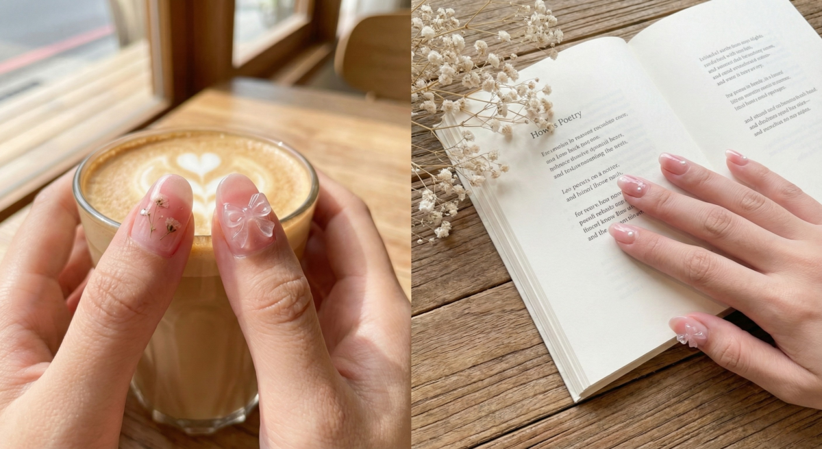 粉透腮紅暈染搭配立體蝴蝶結，這款透明感美甲甜美顯白、清爽輕盈，短甲也適合。