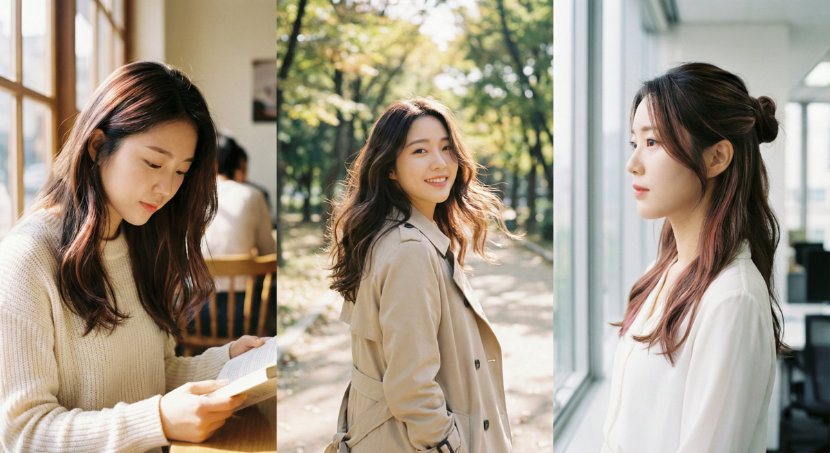 玫瑰粉棕線染融合暖棕與微粉色調，細緻線條修飾臉型，提升紅潤氣色，溫柔甜美又顯白，增添髮型層次與優雅氣質。