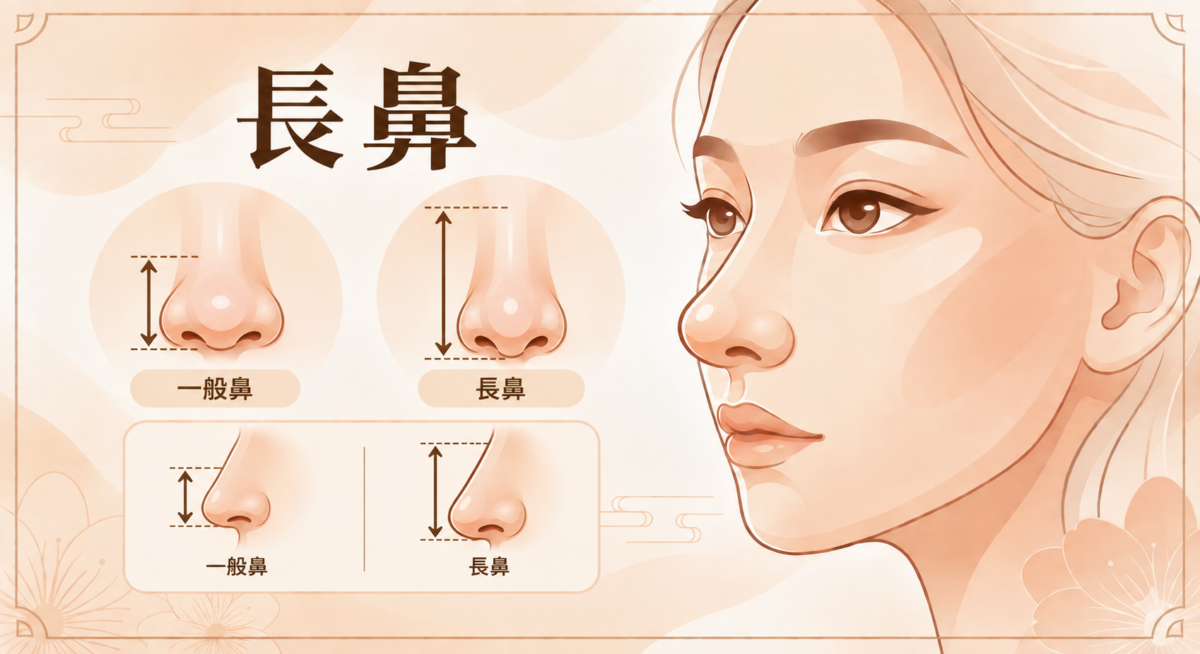 長鼻特徵是鼻子在整體臉部中的長度比例較大,與鼻樑高低或鼻頭大小無直接關係。