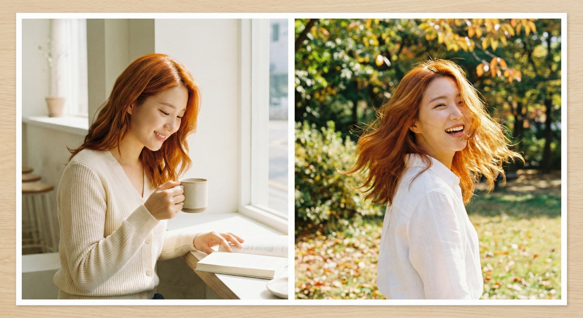 焦糖橙棕免漂顯白髮色，融合焦糖與暖橙色，提亮紅潤氣色、顯白自然，光澤細膩且保護髮質。