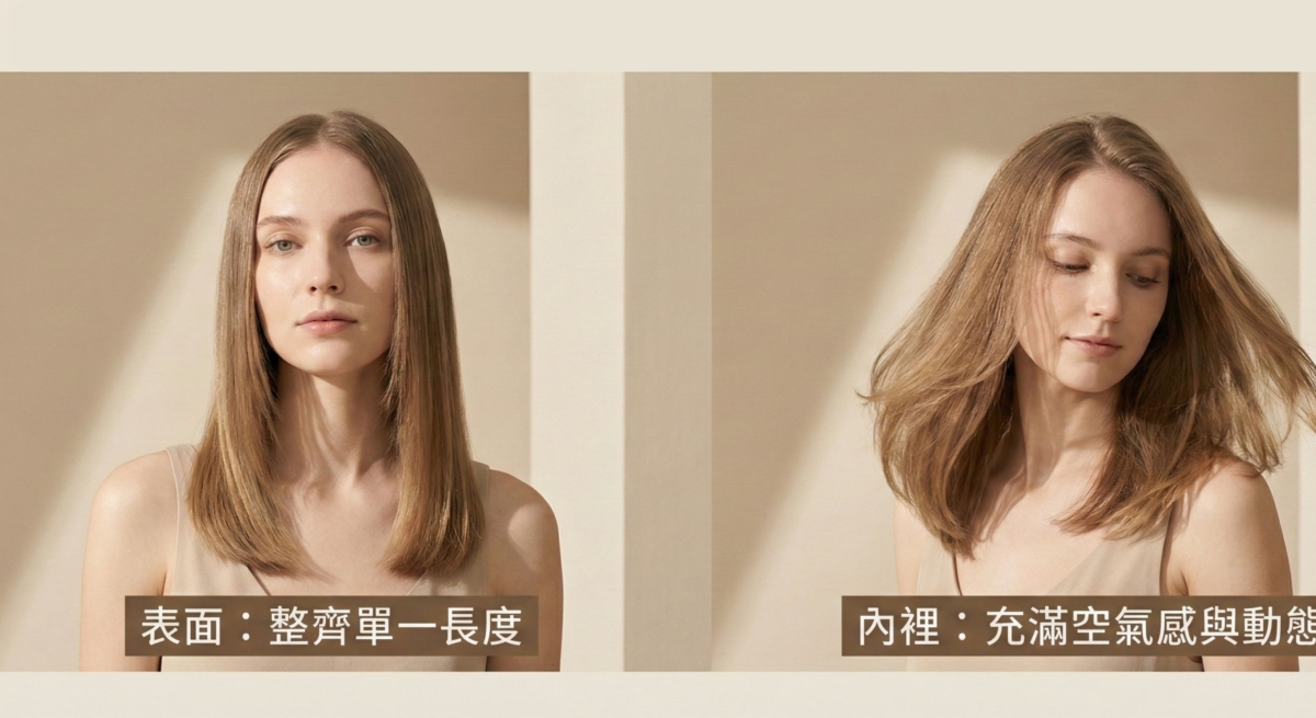 隱形層次是一款不在表面留下明顯痕跡，而是在頭髮內層進行策略性的減重與空間營造。