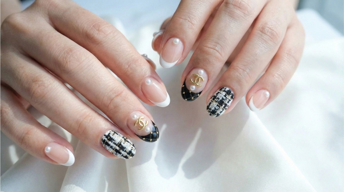 圖中為法式精品奢華風美甲款式,這款設計通常會融入毛呢紋、珍珠或品牌元素,是一種低調炫耀品味的方式。