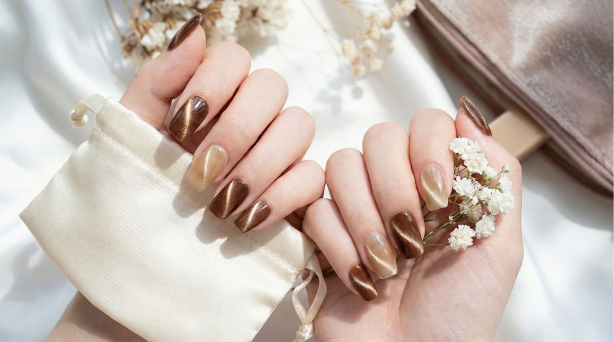 貓眼美甲的魅力在於其「動態美」。當深咖啡色基底遇上磁鐵吸出的光帶,就好像將銀河星系濃縮於方寸之間。