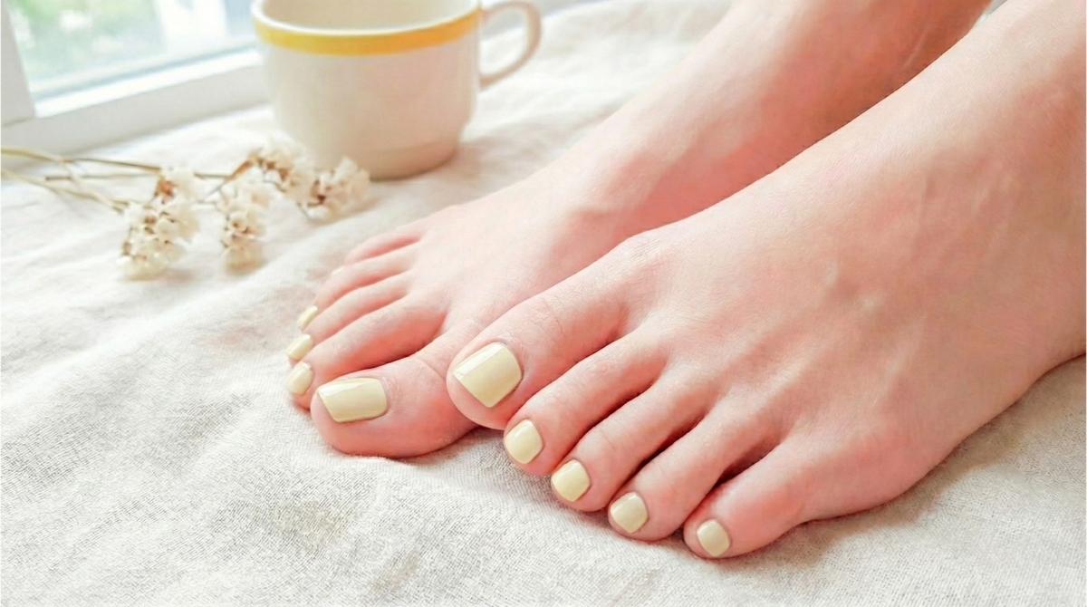 圖中展示的是溫暖淡黃色美甲款，它帶有甜點系的可愛感，是今年夏季減齡又具高級質感的選擇，讓人看了心情瞬間愉悅。