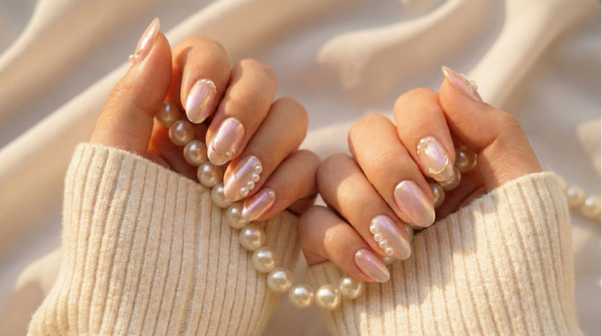 圖中展示的是珍珠虹光美甲款式,這款美甲利用極細的珍珠粉或極光鏡面粉,在指甲表面打造出一層細膩的虹光。