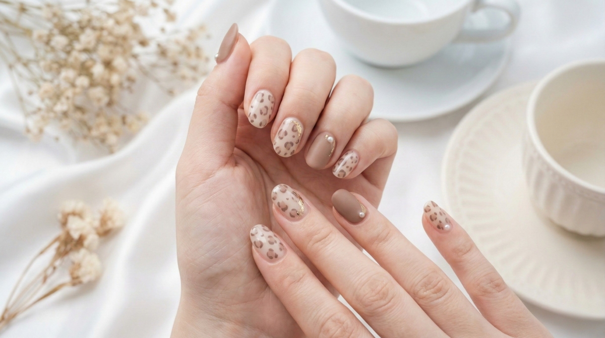 圖中展示的是奶茶色豹紋美甲款式,這種色調降低了豹紋的狂野感,增添了一份知性與溫柔,看起來更加時髦且平易近人。