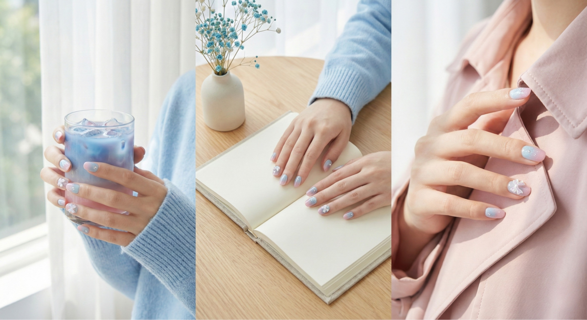 清冷感藍粉漸層美甲以藍粉交融營造晨曦天空般的獨角獸配色,風格夢幻甜美且清冷脫俗,搭配雷射粉或貝殼片更顯迷人。