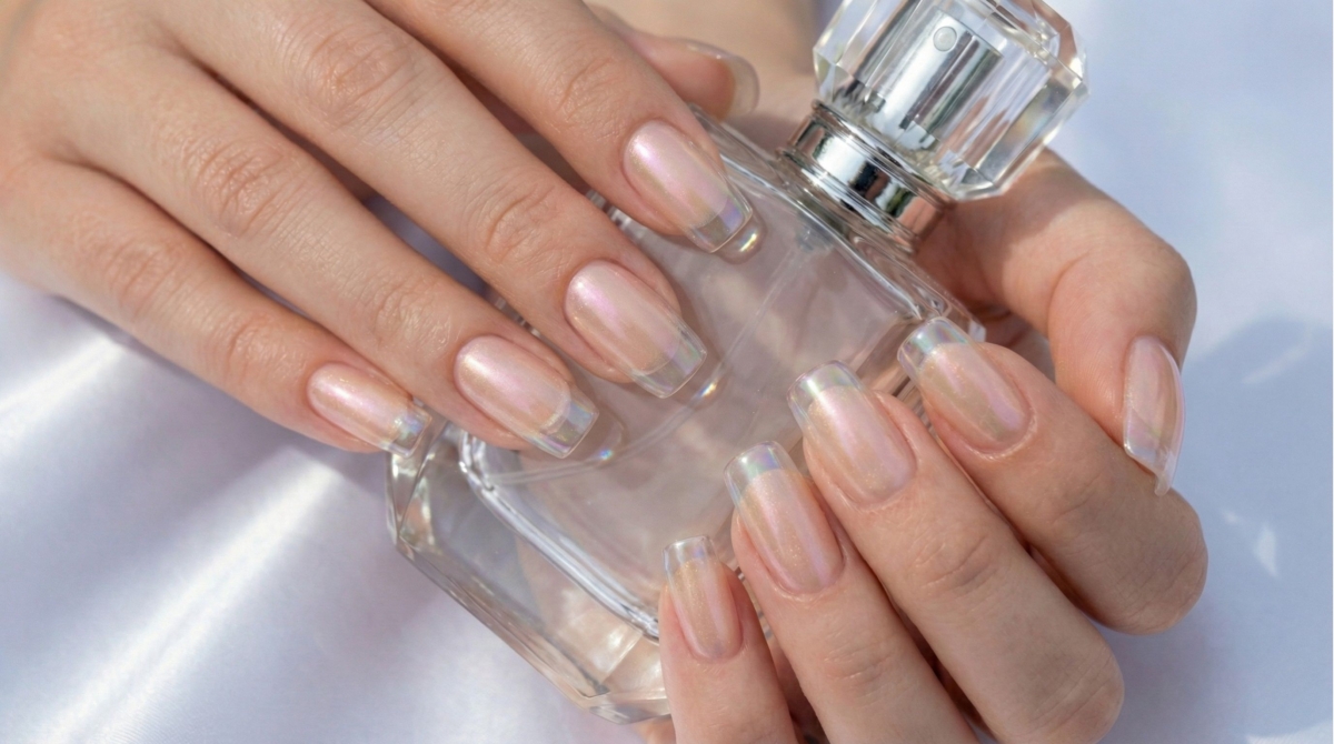 圖中為法式香檳極光美甲款式,指尖隨著光線折射,流轉出如夢似幻的香檳金與淡粉色光暈,既保留了法式美甲的優雅基因,又增添了靈動的仙氣。