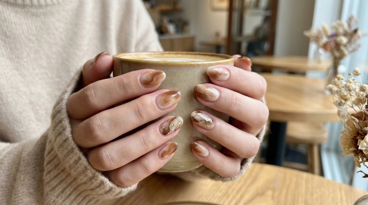 圖中展示拿鐵與大理石暈染的美甲效果,透過不規則的暈染技法,將咖啡色與奶白色交融,創造出流動的液體美學。